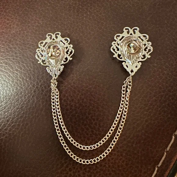 Victorian Style Amber Toned Rhinestone Collar Clip Double Chain Filligree pain - Picture 4 of 4